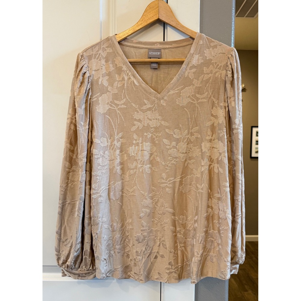 Chico's NWT Gold/Camel Floral V-Neck Puffed Bishop Sleeves Size 2 (12/L) Blouse - Picture 9 of 9